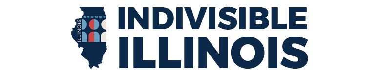 Indivisible Illinois logo in dark blue, light blue, red and white