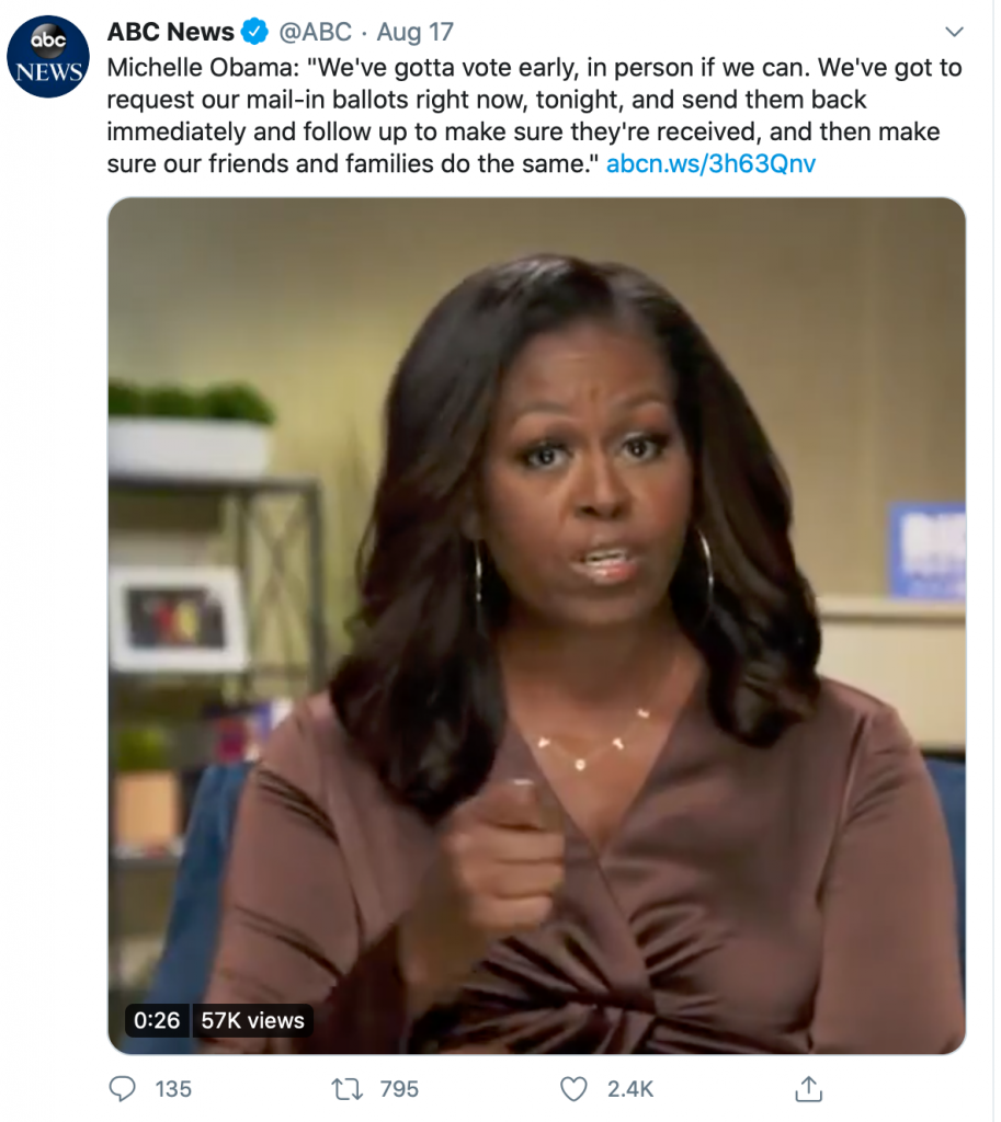 ABC News tweets Michelle Obama from DNC. Obama reminds people to make a plan to vote. 